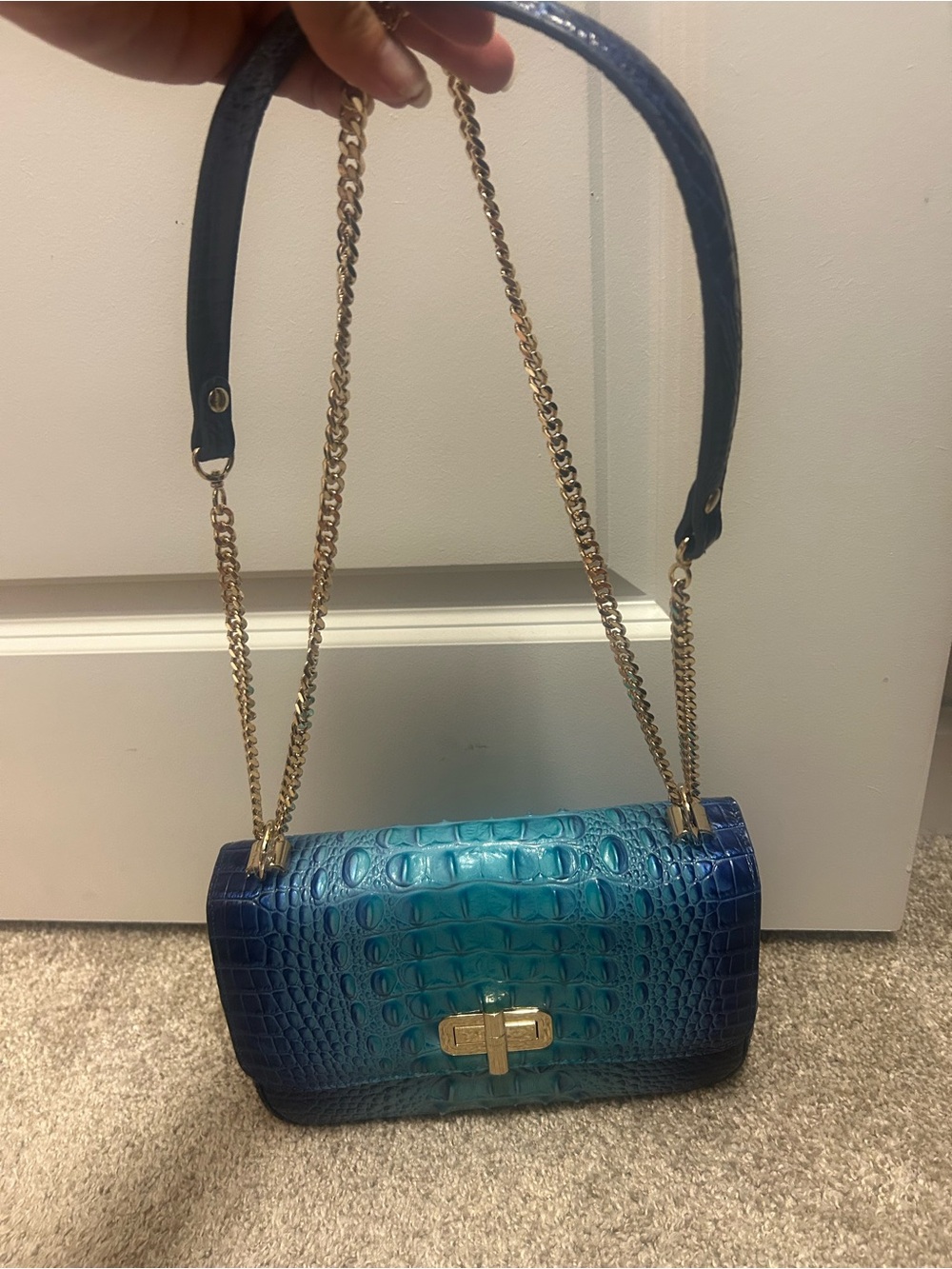 Brahmin Blue-to-Teal Ombre Croc-Embossed Shoulder Bag with Gold Hardware - Picture 4 of 9